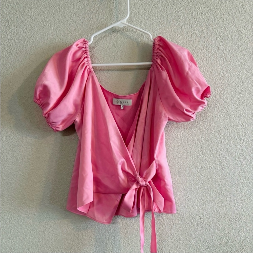 Wayf Pink Puff Sleeve Wrap Blouse